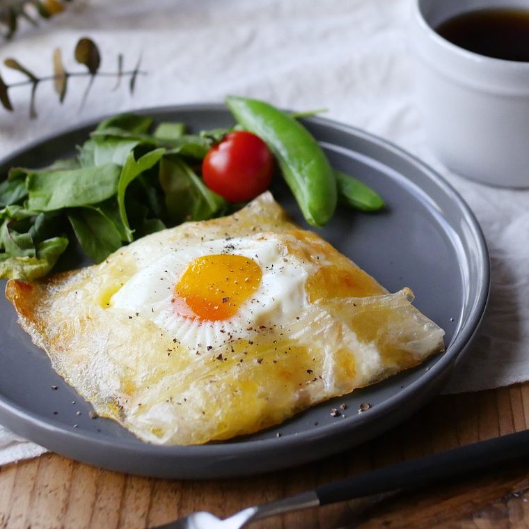 紺色の皿に盛られたライスペーパーガレットとサラダ