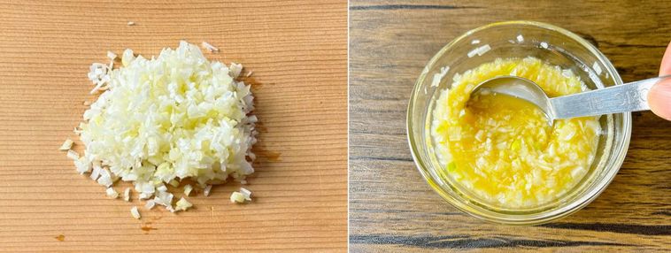 長ねぎをみじん切りにして調味料と混ぜる様子