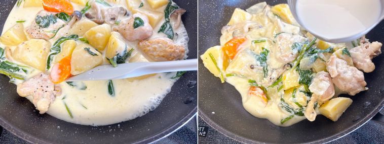 サラサラのシチューを煮詰める様子とドロドロのシチューに牛乳を足す様子