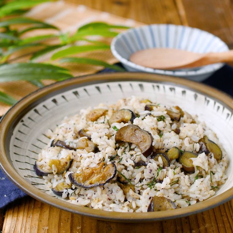 柄つきの皿に盛られたなすと大葉の混ぜご飯