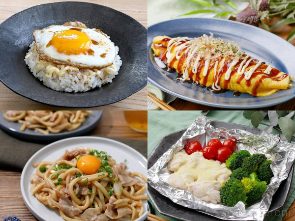 照りマヨ目玉焼き丼やオムもやしなどのコラージュ