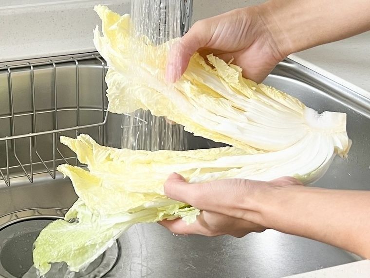 白菜を流水で洗う様子