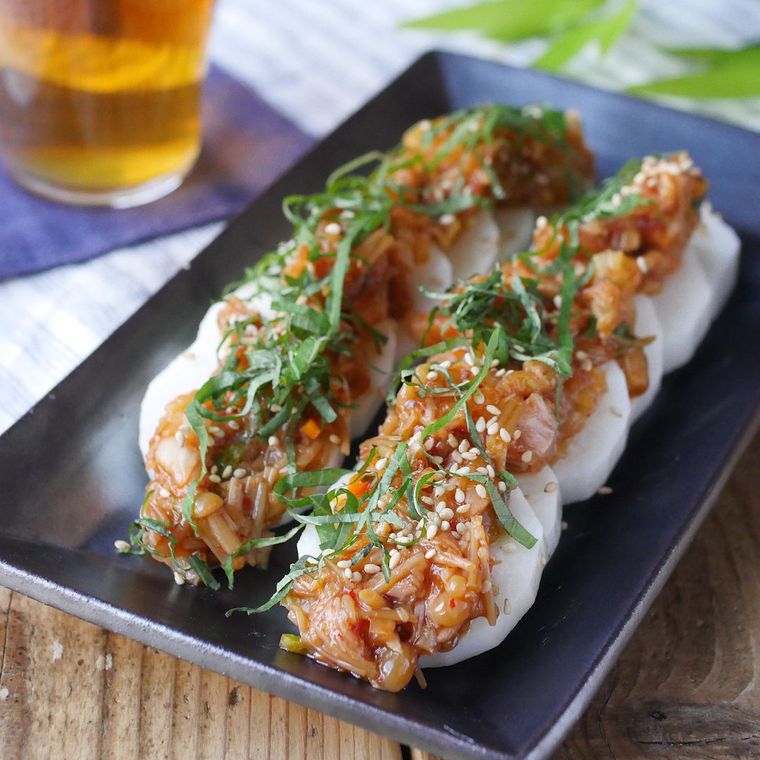 15. 加熱がいらない。長芋の旨辛ツナたけのせ