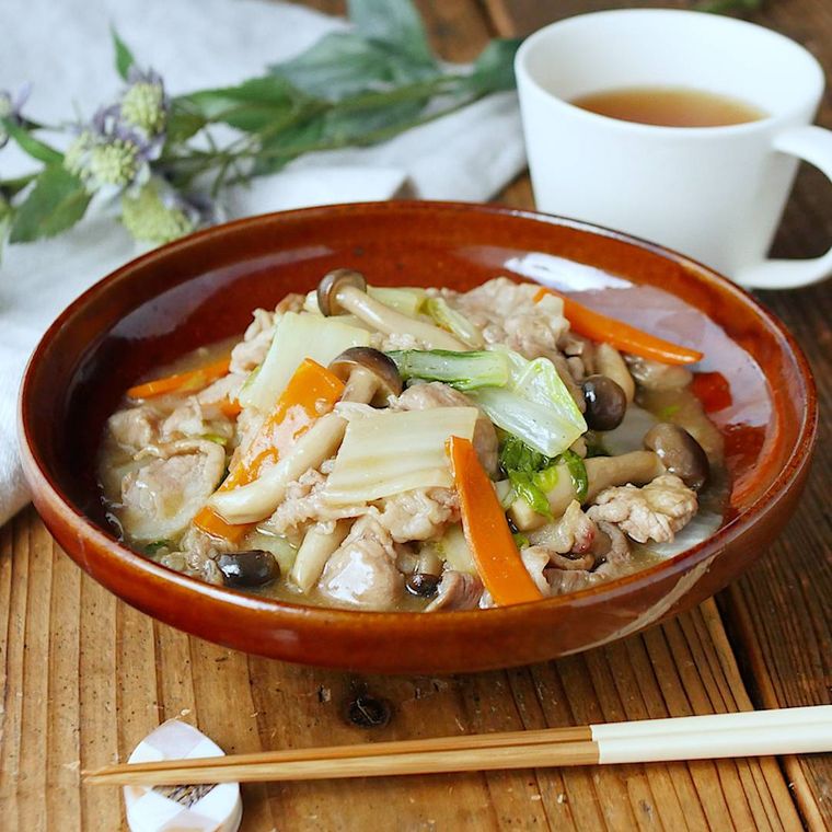 エンジ色の深皿に盛りつけられた豚肉と白菜、しめじなどの炒め煮