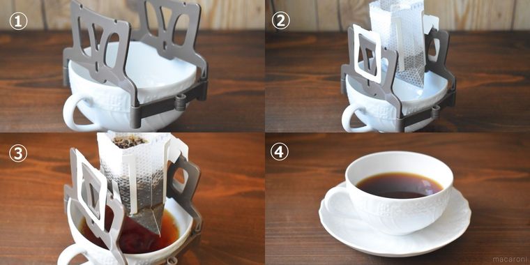 セリアのドリップバッグスタンドの使用手順を解説した画像