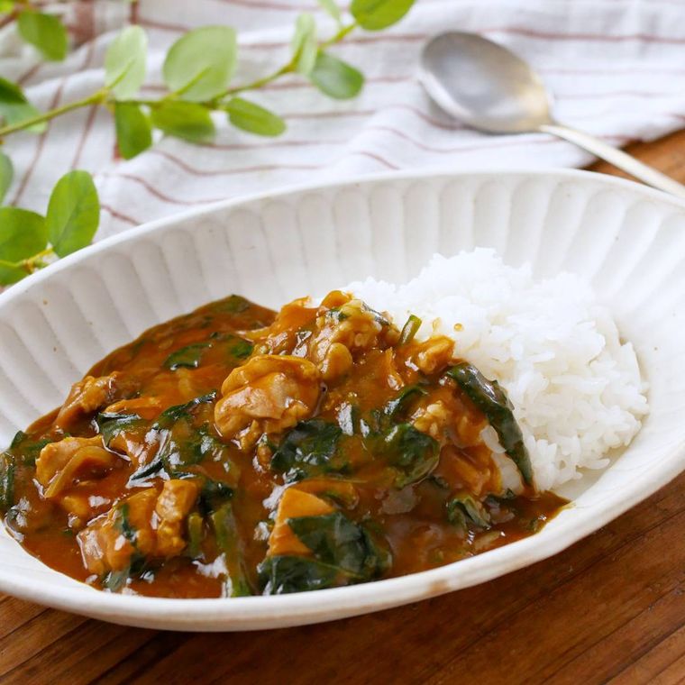 楕円形の皿に盛りつけられたほうれん草のチキンカレー