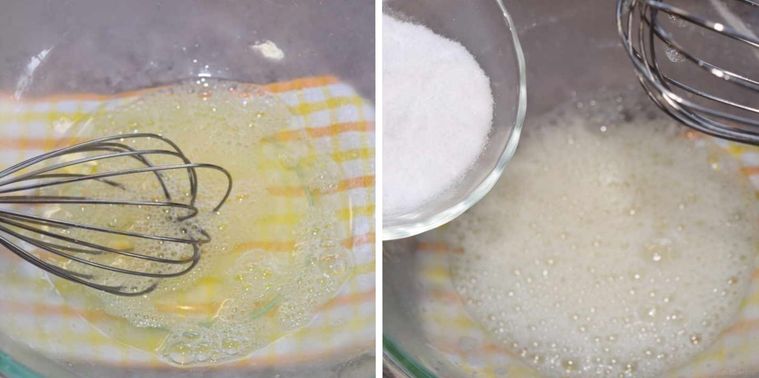 透明のボウルのなかで卵白を泡立てている様子