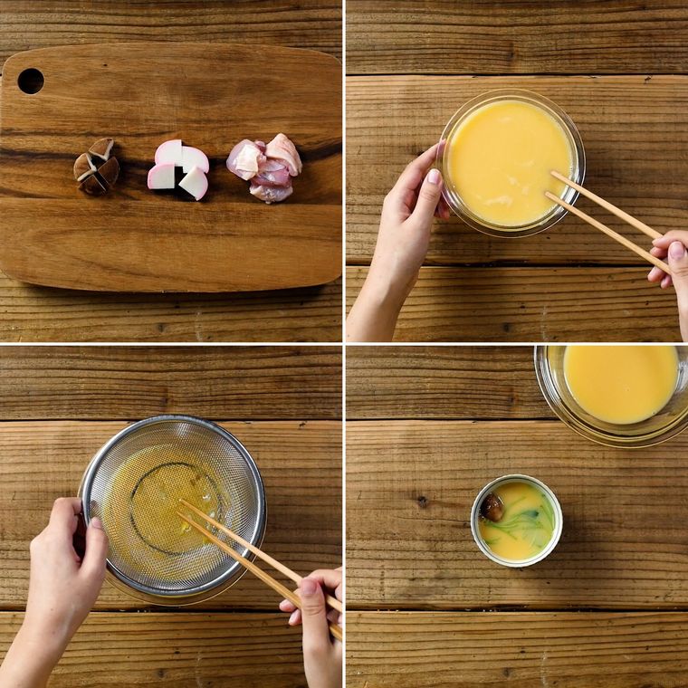 茶碗蒸しの下ごしらえをする様子