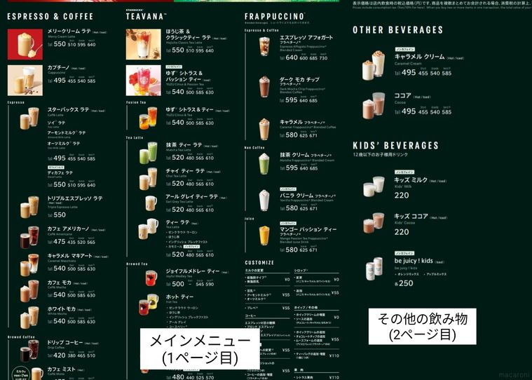 スターバックスのメニュー表が机の上に置いてある