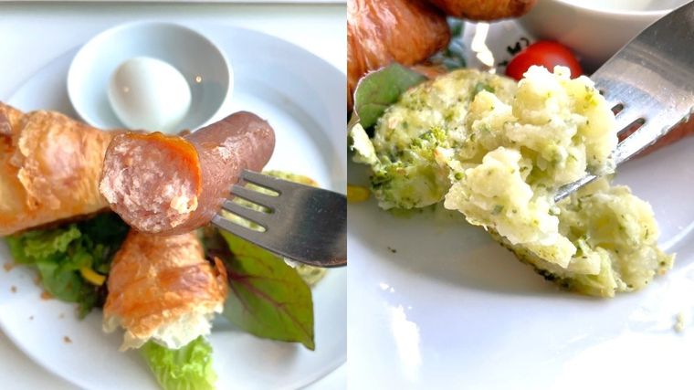 フォークにとったソーセージとベジタブルメダリオンの正面写真のコラージュ