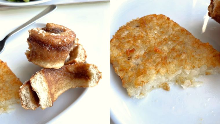 IKEAシナモンロールの断面とハッシュドポテトの断面を左右にコラージュ