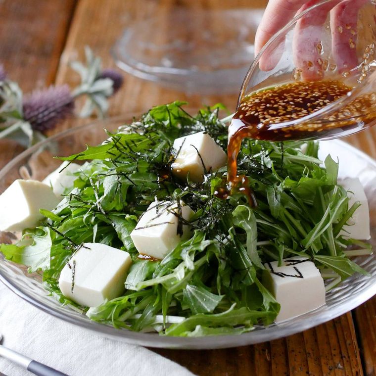 さっぱり豆腐と水菜のにんにくポン酢サラダ