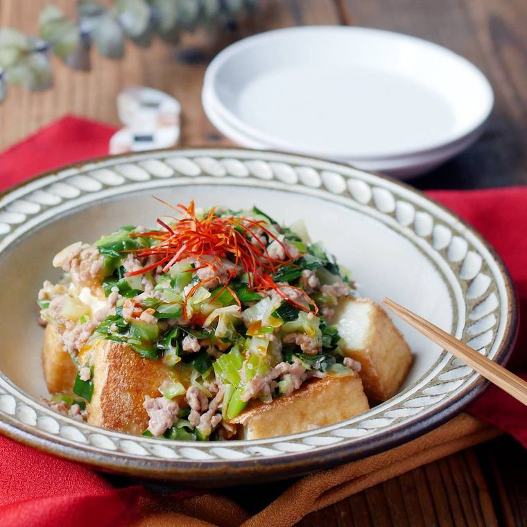 皿に盛られた厚揚げのひき肉餃子あんかけ