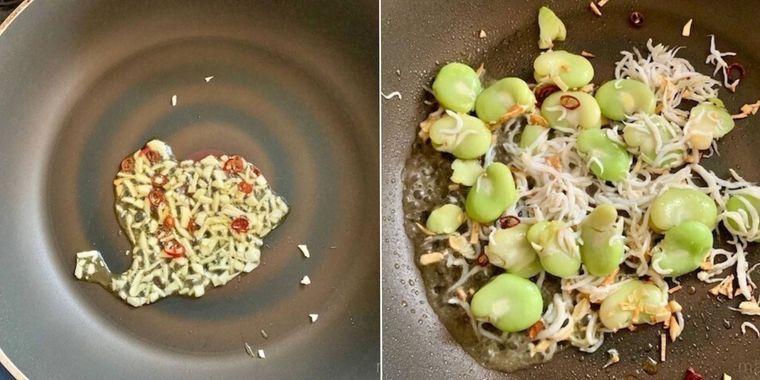 そら豆としらすを炒めている様子