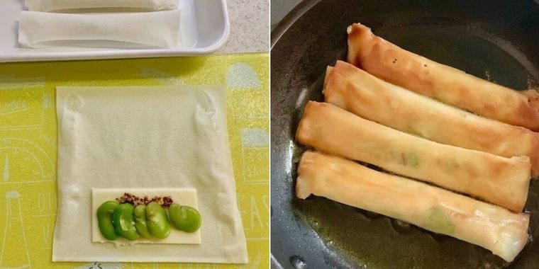 春巻きを巻いて揚げている様子