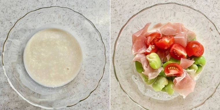 マヨネーズソースで食材を和えている様子