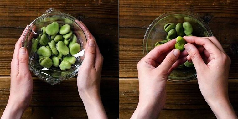 そら豆の下ごしらえをしている様子