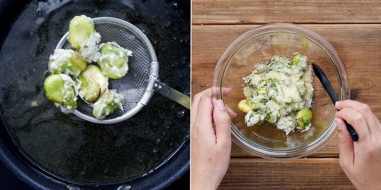 そら豆を揚げて粉チーズをまぶしている様子