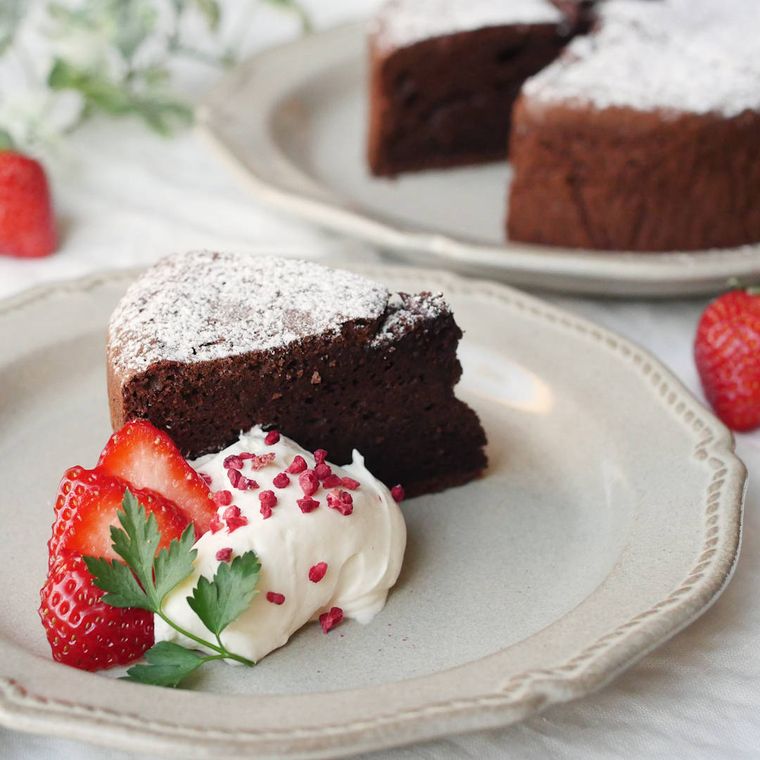 白い皿に盛られたメレンゲありの本格ガトーショコラ