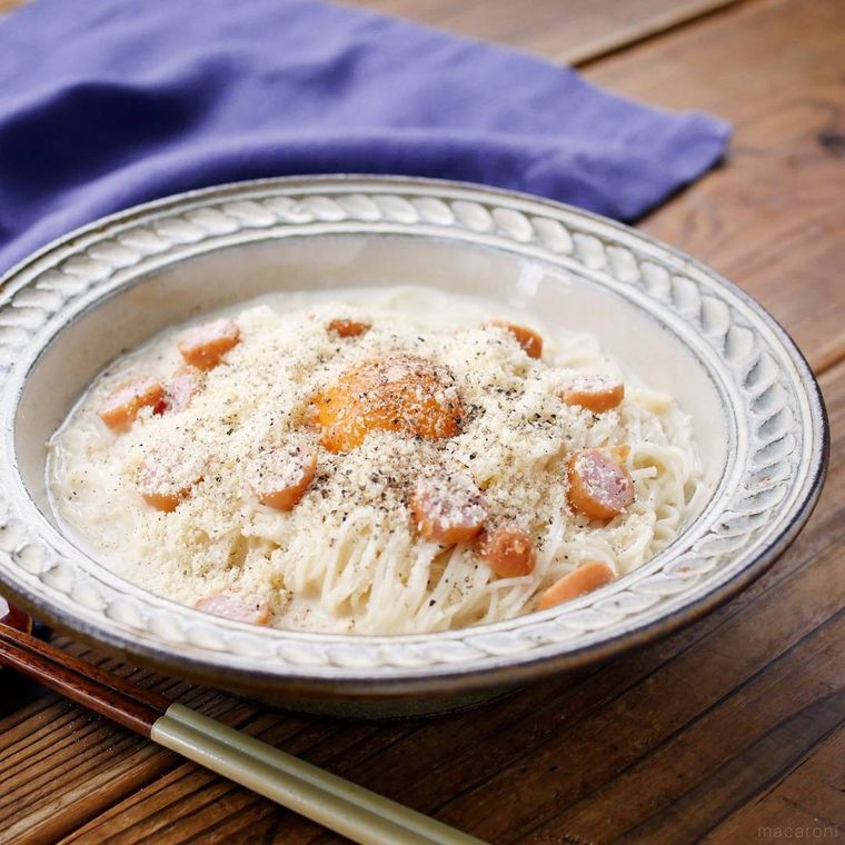 ウインナーソーセージと豆乳のカルボナーラそうめん