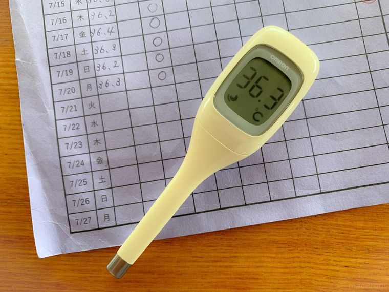 検温後の体温計と体温記録カード