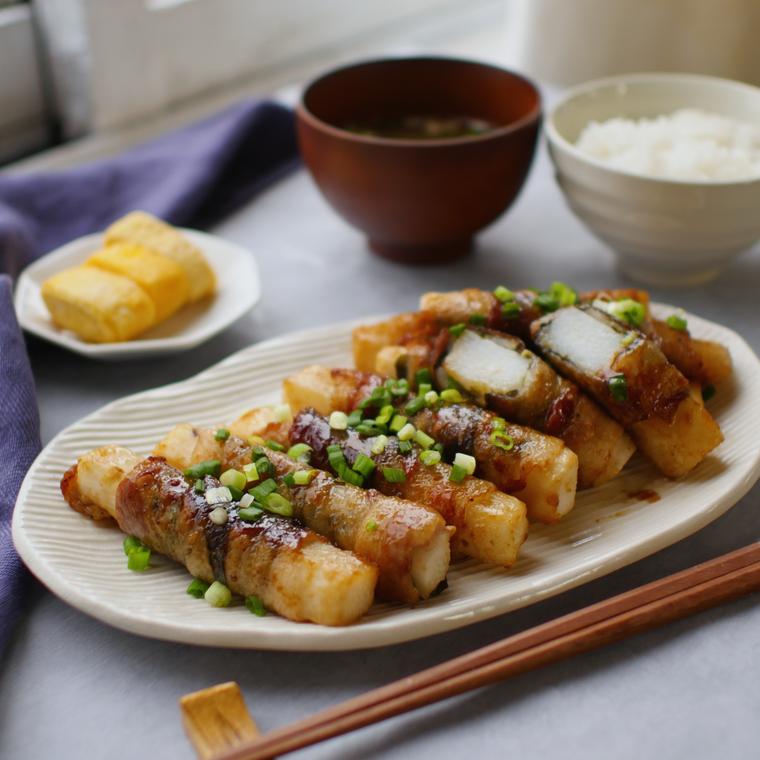 器に盛られた長芋の豚バラ肉巻き