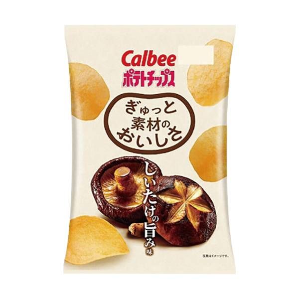 ファミリーマートのスナック菓子「カルビー ポテトチップスぎゅっと素材のおいしさ しいたけの旨み味」のパッケージ
