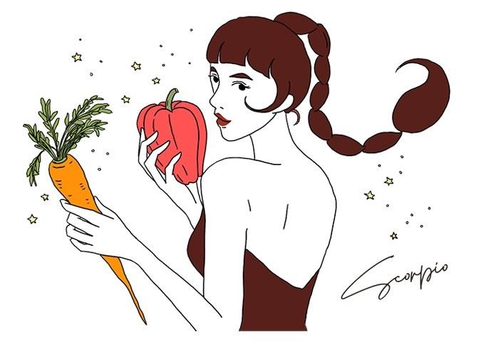 にんじんとパプリカを手に持つ蠍座のイラスト