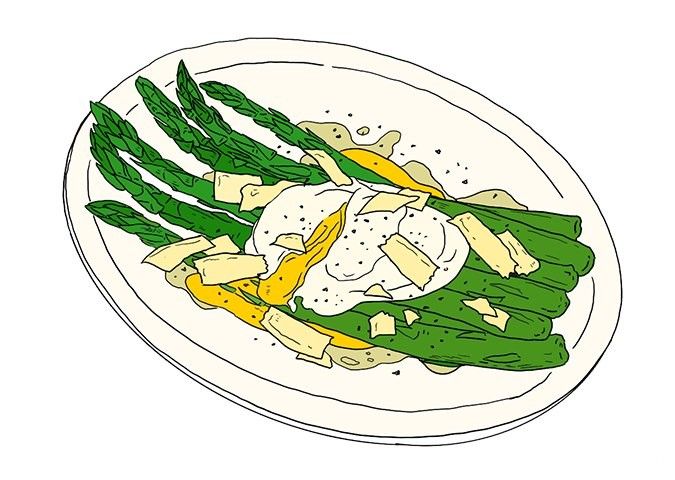 アスパラガスとポーチドエッグの前菜のイラスト