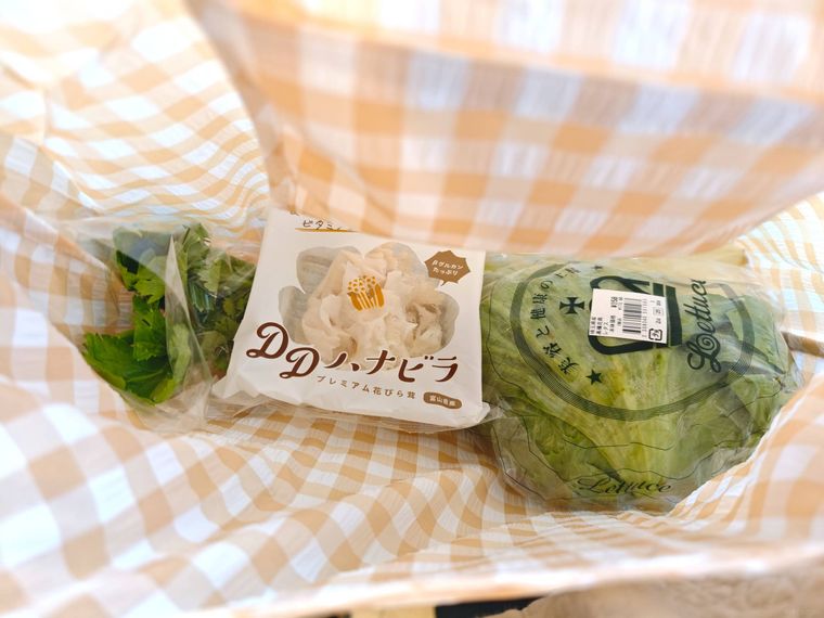 折りたたみ エコバッグ チェックのなかに野菜を入れている様子