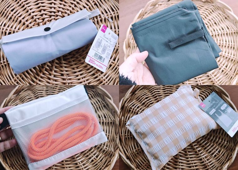 ダイソーのエコバッグ4種が机の上に置いてある