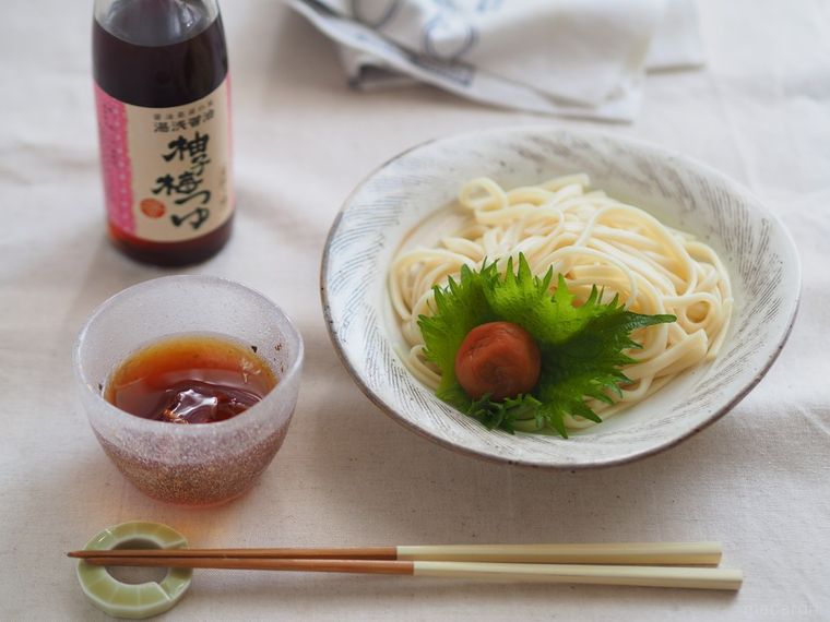 皿に盛られたうどんと小鉢に注がれた麺つゆ、柚子梅つゆの瓶