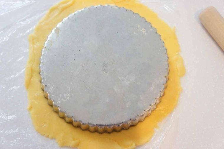 伸ばしたタルト生地の上にタルト型をのせた様子