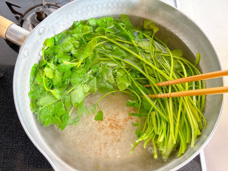 せりをゆでる様子