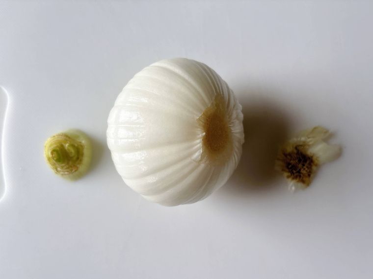 頭の部分と根元を切り落とした新玉ねぎ