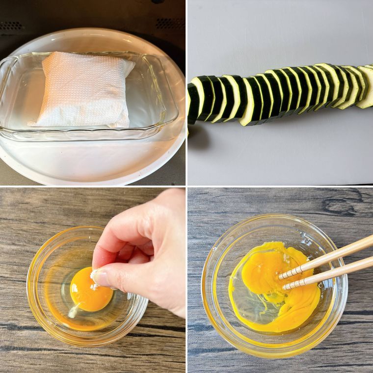 豆腐を水切りする様子、カットしたズッキーニ、卵を混ぜる様子