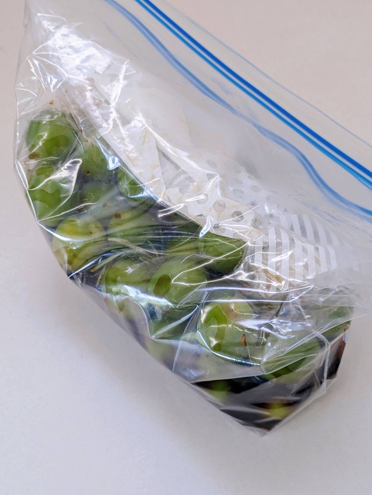 ジッパー付きの保存袋2重に入れた梅としょうゆとハーブ類