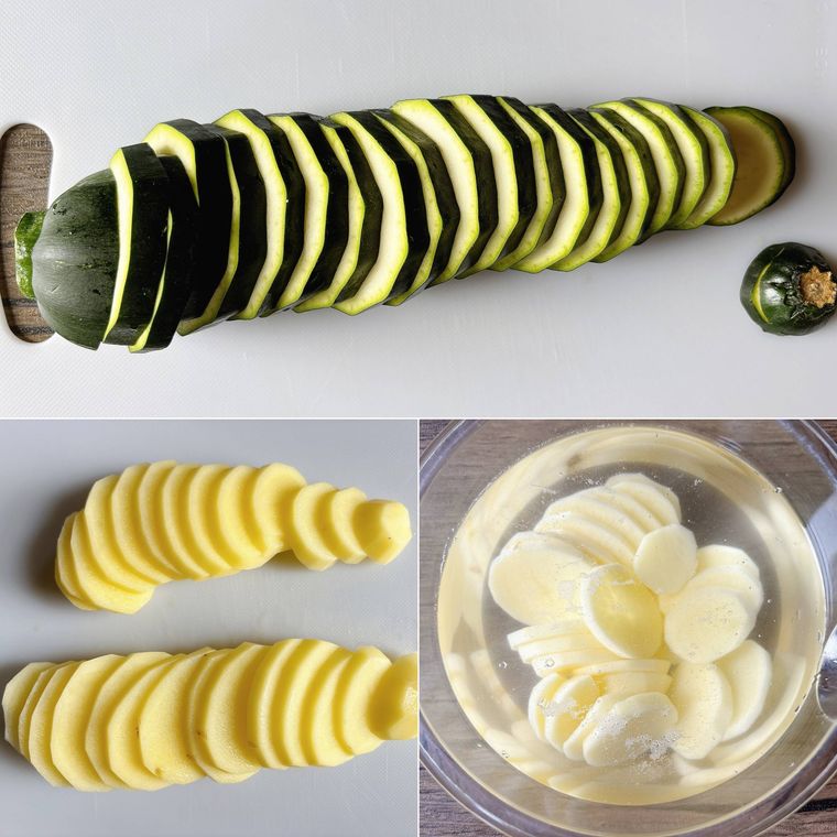 カットしたズッキーニ、じゃがいも、水にさらしたじゃがいも