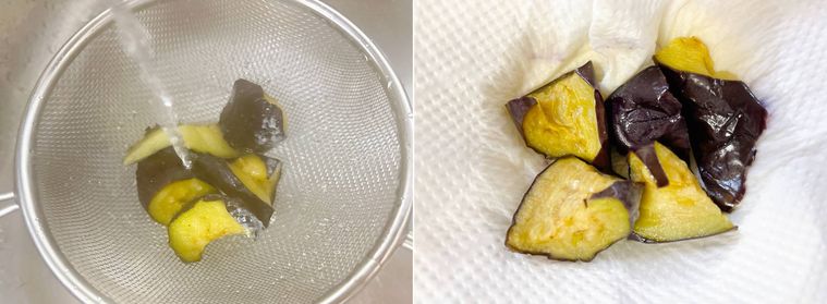 冷凍揚げなすを油抜きする様子