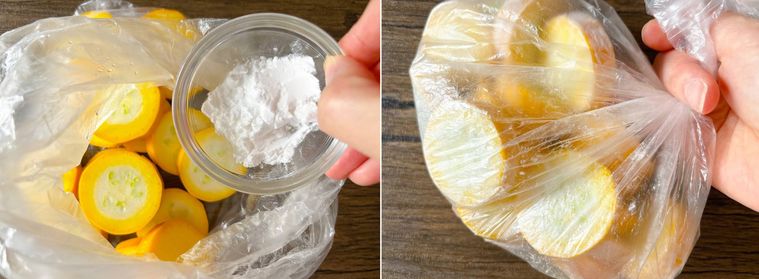 黄色ズッキーニに片栗粉をまぶす様子