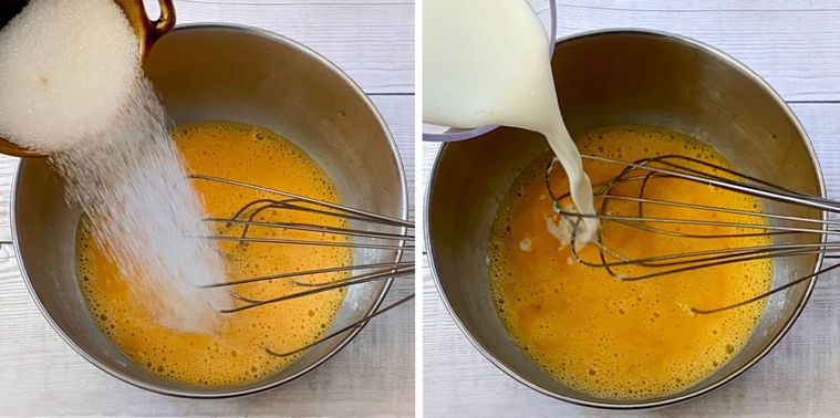 ボウルにグラニュー糖を加える様子