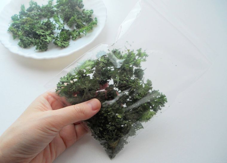 乾燥させたパセリの穂先をポリ袋に入れ、揉んでいる様子