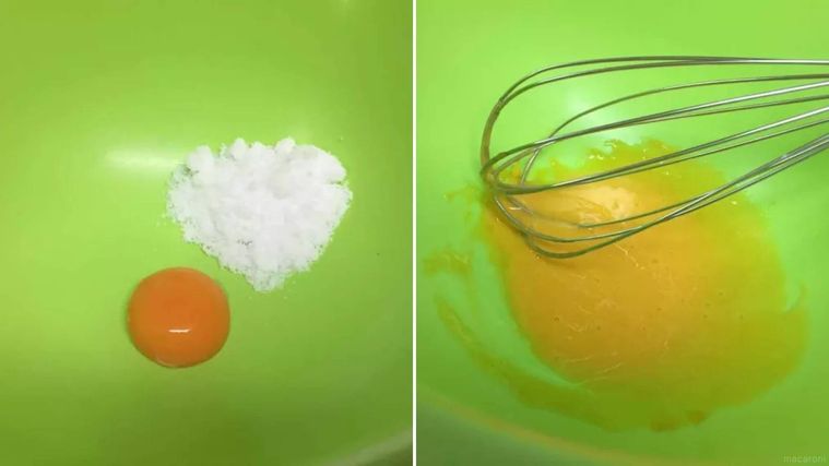 ボウルに入った卵黄と砂糖を混ぜ合わせている様子