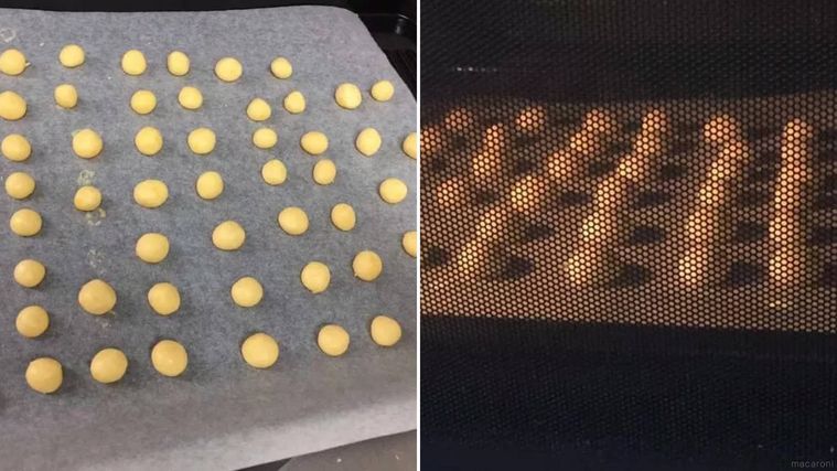 たまごボーロを成形し、オーブンで焼く様子