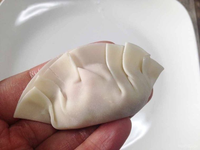 餃子の皮の左側に中央に向けて、ひだを3回作った様子