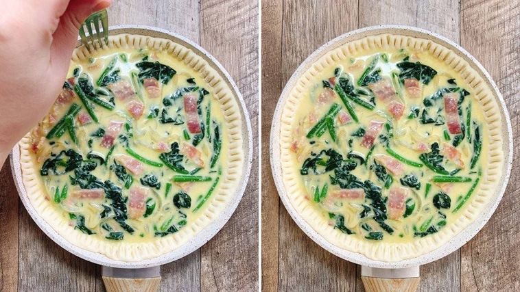 フォークでフライパンのふちのパイシートを押している様子と、模様をつけたキッシュが入った白のフライパン