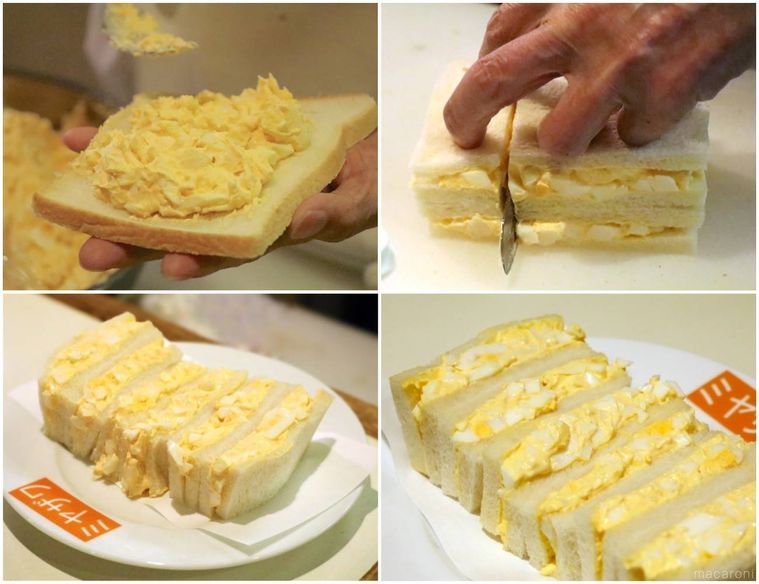 食パンに卵をのせて切り、皿に盛り付ける様子