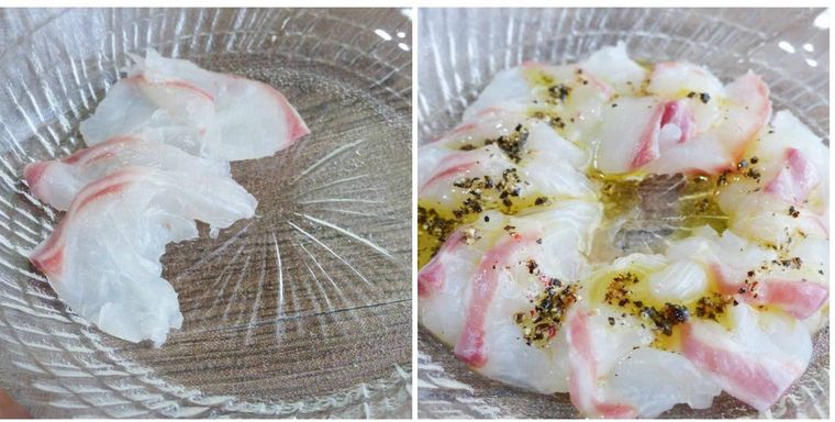 鯛をお皿に並べ、ソースをかけている様子