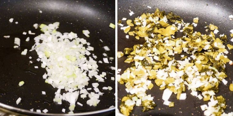 長ねぎみじん切りをフライパンで炒めている様子