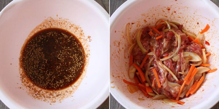 プルコギのたれと牛肉、玉ねぎ、にんじんとたれを混ぜ合わせた様子